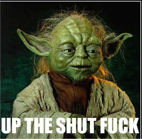 The meme features a picture of Yoda, a character from the Star Wars franchise, with a disapproving expression. The text "UP THE SHUT F**K" appears in a bold, white font at the top of the image, implying that Yoda is expressing a strong negative reaction to something. The overall tone is humorous and irreverent, with a dash of sarcastic humor.